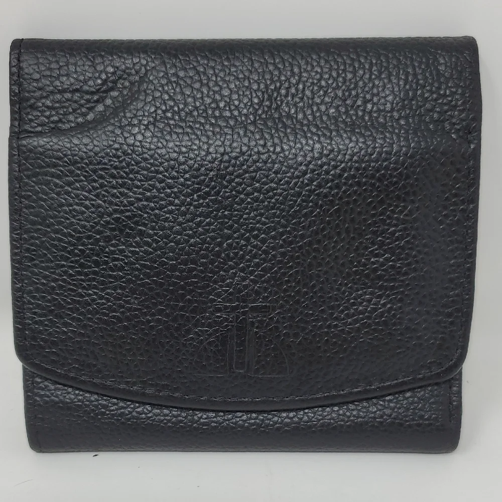 Black Leather Tri-fold Wallet With Cross Embrossed On Front